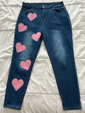 Dark Blue Skinny Jeans with Pink Heart Accents